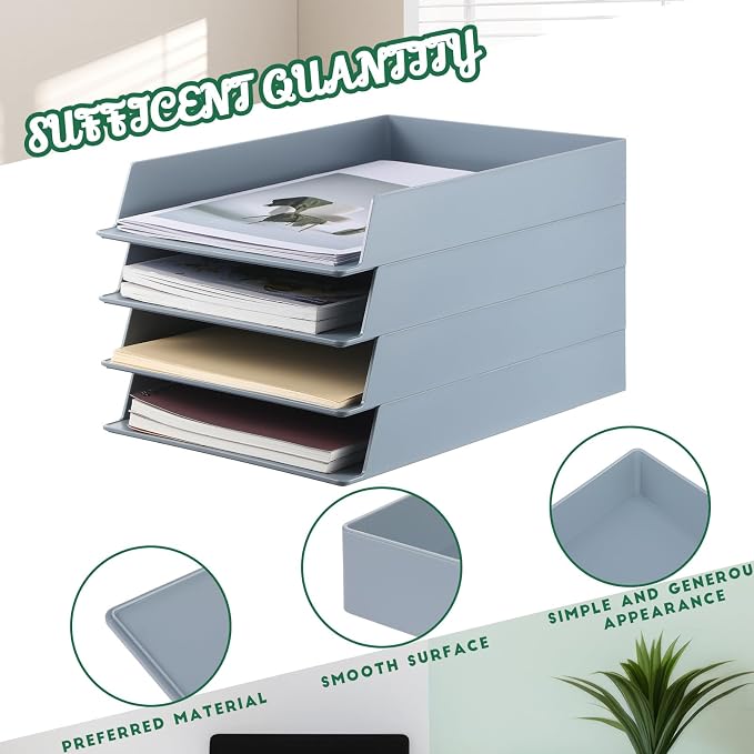 8 Pcs Stackable Paper Trays Rectangular Plastic Desk Holder Desktop Document File Organizer Storage Letter for Office Classroom (Gray) - Image 4