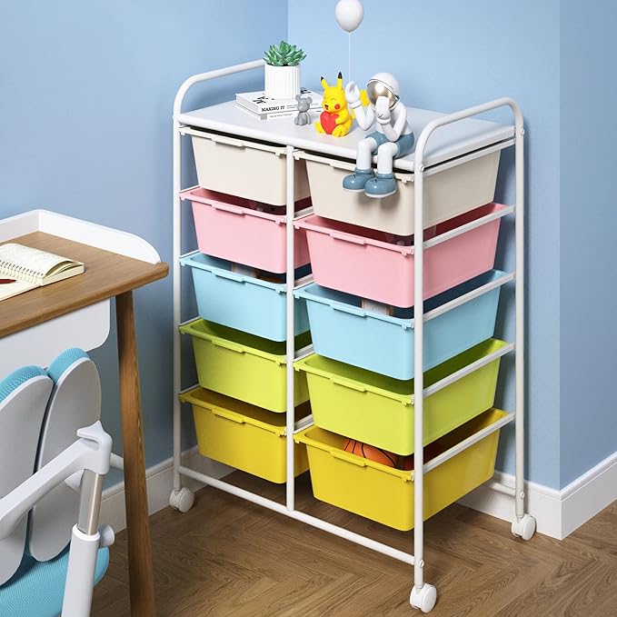 Ytaoka 10 Drawers Rolling Storage Cart, Plastic Drawer Cart with Metal Frame, Multipurpose Art Craft Cart Organizer with Wheels, Utility Cart with Drawers for Home, Office, School, Multicolor - Image 2