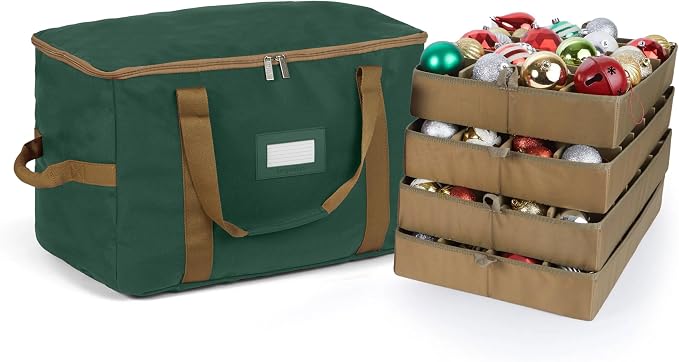 Covermates Keepsakes Adjustable Ornament Storage Bag – Heavy-Duty Polyester, Padded Dividers & FlexGrid Trays – Protective Holiday Ornament Organizer with Handles & Label Window, Green by Covermates
