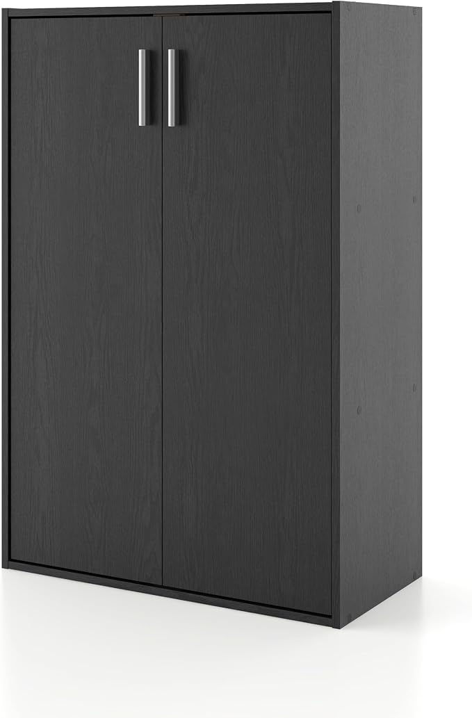 Homes: Inside + Out Apexa 3-Tier Stackable Wood Bookcase with Doors, Cube Storage Organizer Shelves, Small Food Pantry Cabinet, Dorm Teen Room Decor & Bedroom, Home Office, Kitchen, Black by HOMESInsideOut
