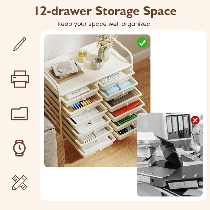 GOFLAME 12-Drawer Rolling Storage Cart, Multifunctional Art Craft Organizer Cart, Mobile Utility Storage Cart with Removable Drawers & Lockable Wheels, Craft Cart for Home Office School, White - Image 5
