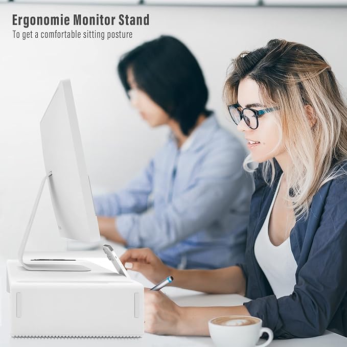 Monitor Stand Riser with Drawer & Phone Holder, Foldable Desk Organizer | Adjustable height laptop riser, built-in pen slot, space saving desktop organizer for home office White - Image 6