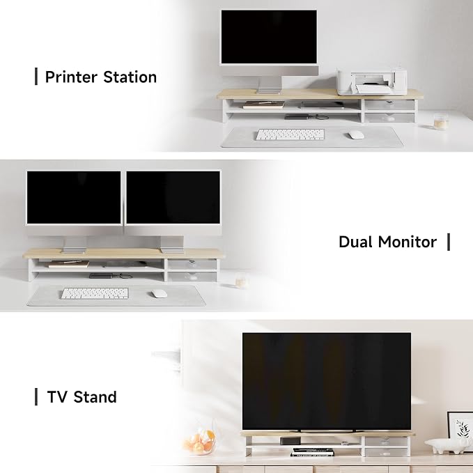 Fenge Monitor Stand, Desk Computer Riser with Frosted Storage Drawer, Oak | 42.5 Inch Dual Monitor Riser, 2 Tiers, Cable Management, Desk Shelf for 2 Monitors, Ultrawide Screen, Laptop, TV, Home Office - Image 8