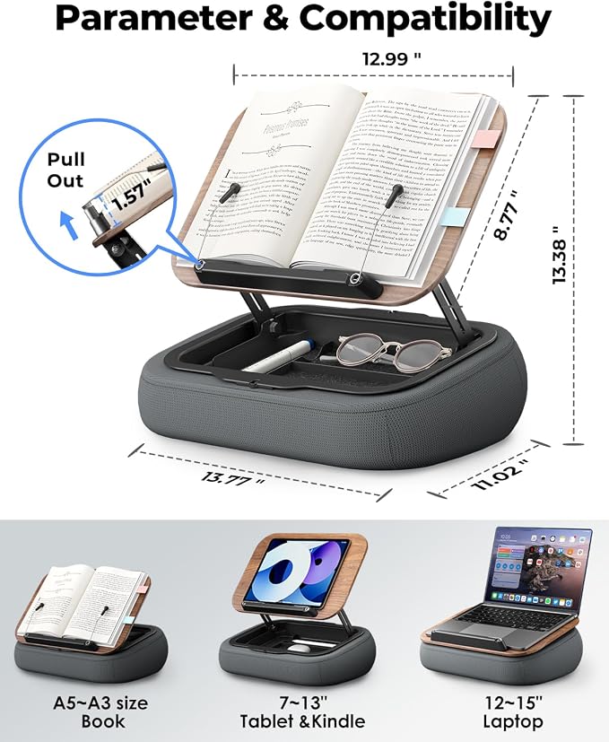Viozon Lap Book Pillow Stand with Storage, Adjustable Beanbag Reading Pillow with Dark Wood Panel, Multi-Angle Book Holder for Hands-Free Reading in Bed or Sofa,Book Lover Essential, Soft Cushion - Image 3
