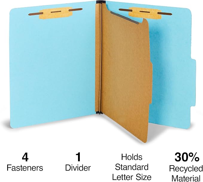 Staples Pressboard Classification Folder, Letter Size, 1 Divider, 2/5‑Cut Top Tab, Light Blue, Durable Construction, 20/Box - Image 4