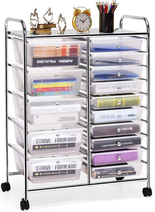 COSTWAY 15 Drawer Rolling Storage Cart, Mobile Storage Organizer | Removable Drawers & Metal Frame, Multipurpose Utility Tools Paper Organizer on Wheels for Home, Office (Transparent) by COSTWAY
