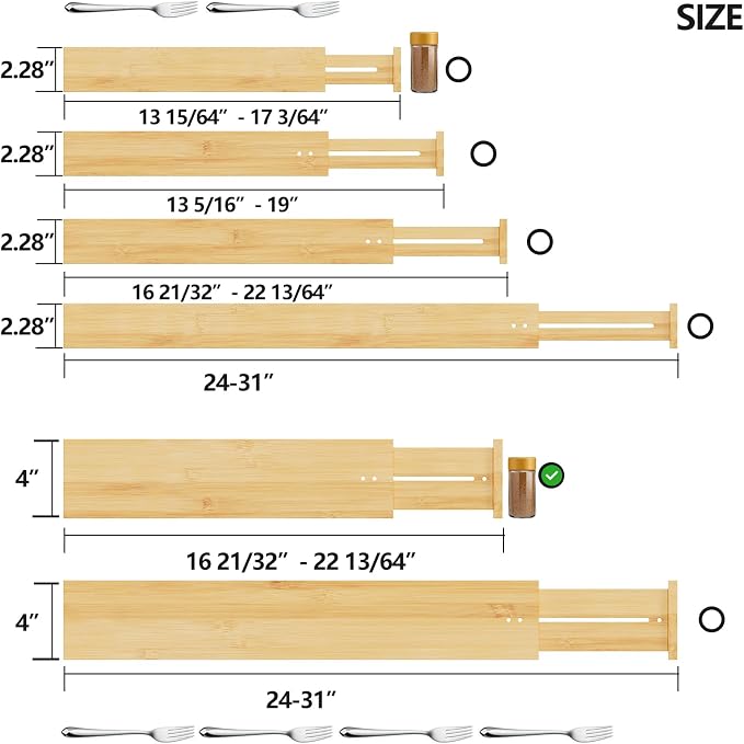 BAMEOS Bamboo Expandable Drawer Dividers – Fits 16.65"–22" Drawers, 4" Extra Deep Walls, Set of 4 | Maximum-Height Spring-Loaded Organizer for Deep Kitchen, Bathroom & Dresser Drawers - Image 2