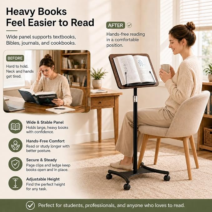 2-in-1 Rolling Book Stand, Floor & Desktop Book Holder for Heavy Books | Hands-free read | Lockable wheels | Cozy movable study setup | Up to 57 in | One stand, two ways to use | 360° Rotating Panel - Image 6