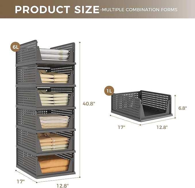 6 Pack Closet Organizer Storage Bins Stackable Plastic Drawer Shelf | Basket for Clothing Stackable Storage Bins Shelf Storage Container for Closet Wardrobe Bedroom Bathroom Office Black Foldable - Image 2