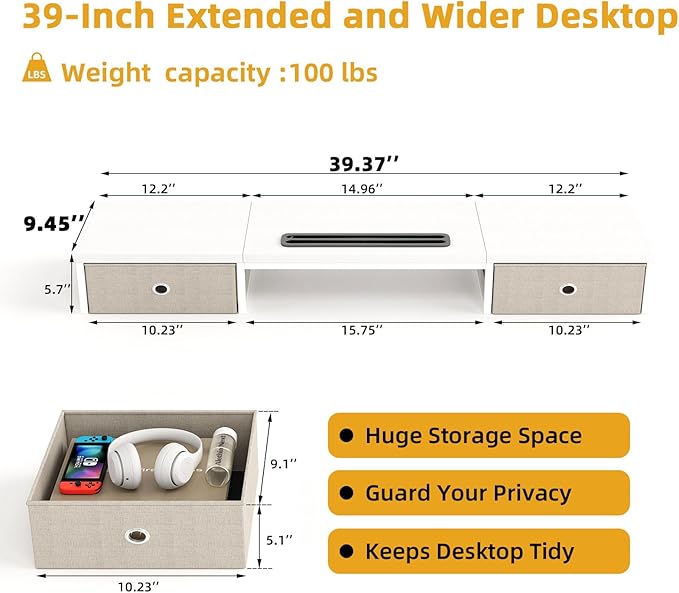 39 Inch Dual Monitor Stand Riser with 2 Drawers - Large White Wooden Computer Stand for 2 Monitors, Ergonomic Desk Organizer with Phone Holder, Desktop Storage for Laptop, Office Supplies, Home Office - Image 7