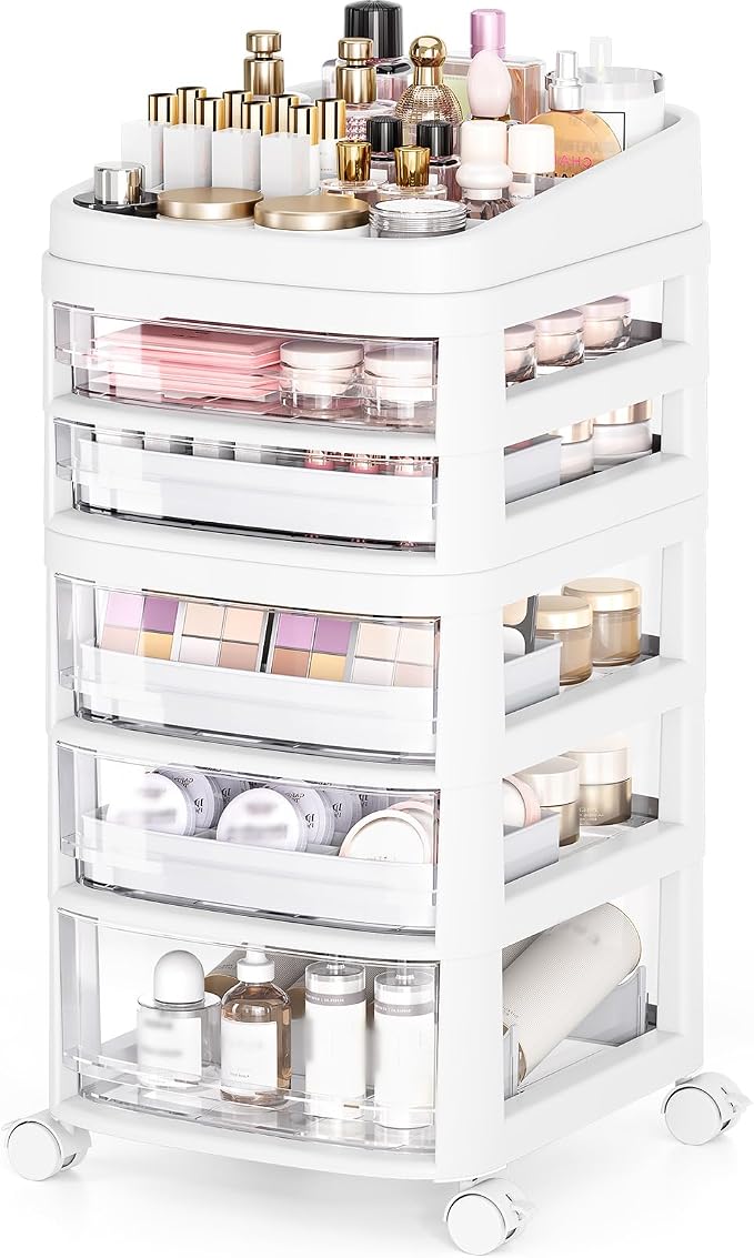 Rolling Cart with 5 Drawers, Clear Plastic Drawer Organizers, Vanity Cart | Dust Proof Under Desk Storage with Dividers for Makeup, Skincare, Art Crafts and Baby Items, Acrylic Cosmetic Organizer by APEXCHASER