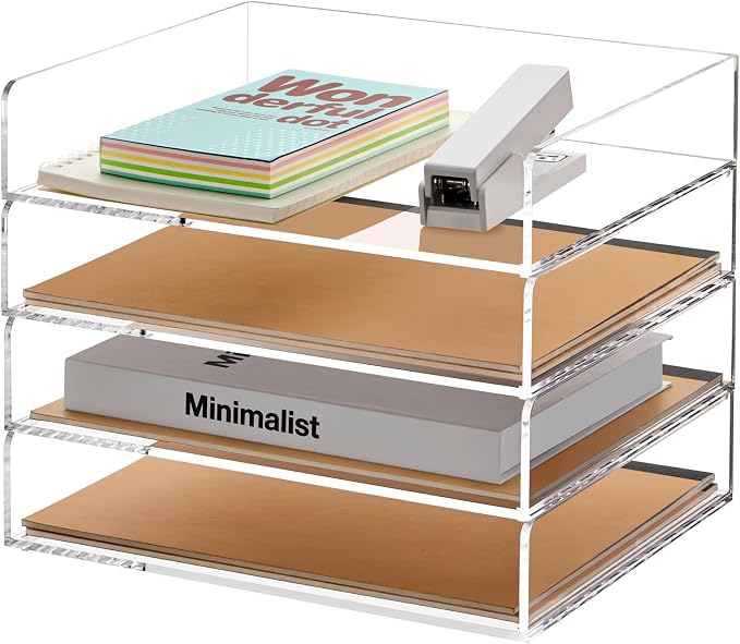 Acrylic Desk Organizer, Stackable Paper Organizer Letter Tray, 4-Tier | Clear Desk Organizers and Accessories, Office Supplies Organizer for Files, A4 Paper, Books, Mails, Office Classroom Home by SANRUI