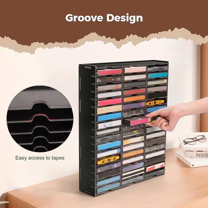 51-Slot Cassette Tape Storage, Desktop Audio Tape Organizer | Wall-Mounted Cassette Holder Rack, Black - Image 3
