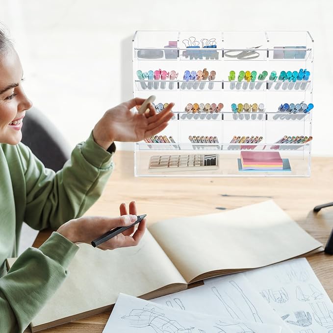 MotiMind Acrylic Pen Organizer Storage for 200 Marker Vertical Marker Organizer Acrylic Pen Display Holder for Office Desk Desktop Stationery Pencil Storage, Clear, 13 x 5 x 10.2 Inch - Image 7