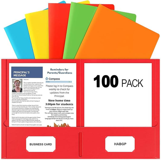 HABGP 2 Pocket Folders, 100 Pack, Paper File Folders with Pockets, 5 Colors | Two Pocket Folders, Fit Letter Size Paper, Colored, for School, Office, Home, Business by HABGP