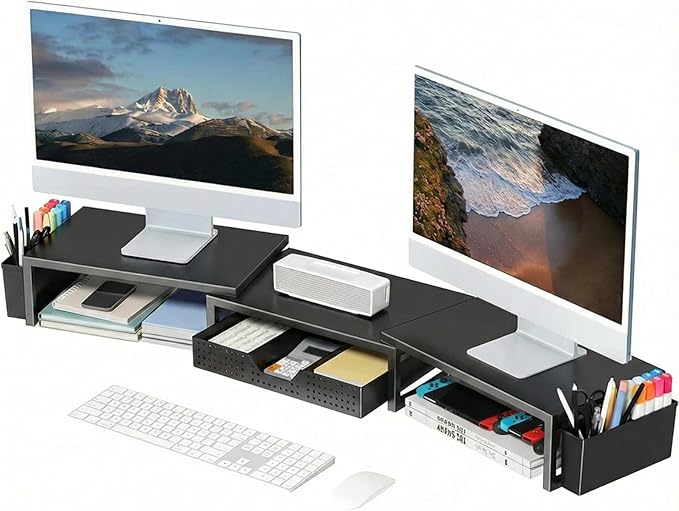 Desk Organizers and Accessories, Dual Monitor Stand Riser with Drawer and 2 Pen Holders, Desk Shelf Computer Racks for Office Workspace Organizers, Desktop Organization (Black) by OPNICE