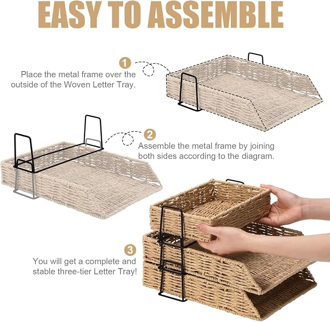 3 Pack Paper Rope Woven Stackable Desk Organizer Letter Tray, Primary Color Tabletop Desk Basket for Storage Paper Letter Folders Notebooks Copy Print, Workspace Holder - Image 3
