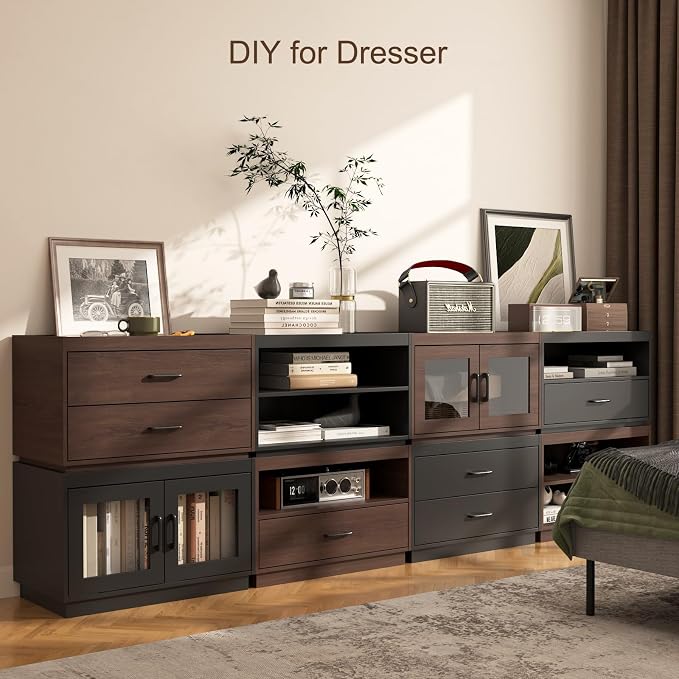 Stackable Storage Drawers, 28" Wide Storage Bins with 2 Doors | Closet Organizer, Wood Stackable Closet Organizer Modern Large Stackable Storage Units for Living Room Hallway Bedroom, Brown - Image 8