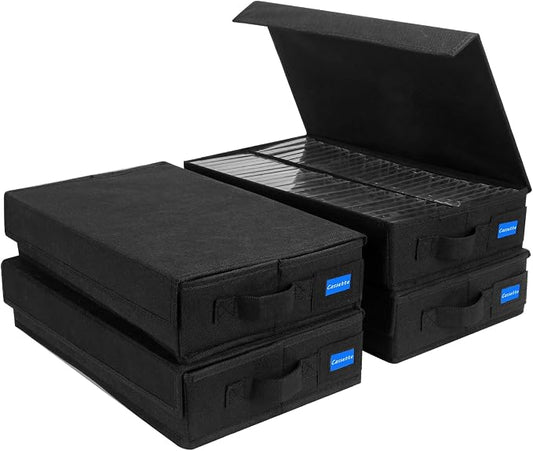 Cassette Tape Storage Box with Handles and Lid – Cassette Tape Holder and Organizer with External Label Slots, Stackable Cassette Storage Rack, 4Pack-Black by Unknown