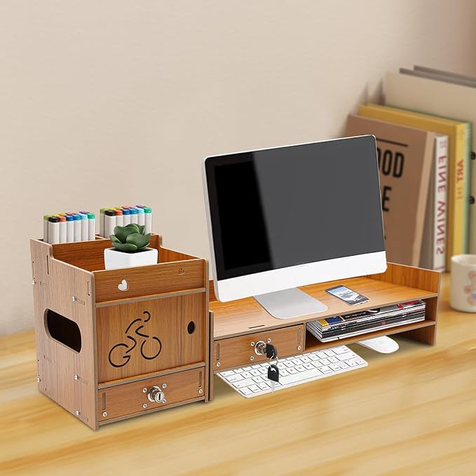 Desktop Monitor Stand, Computer Monitor Stand for Desk, Monitor Riser with Drawer, Desk Monitor Stand Underneath Storage for Office (Cherry Wood Color) - Image 7