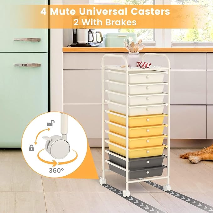 Storage Cart, Rolling Utility Cart with 10 Drawers, Portable Handles & Lockable Wheels, Mobile Paper Toys Storage Organizer Large Capacity for Home Office School Teacher (Yellow) - Image 5