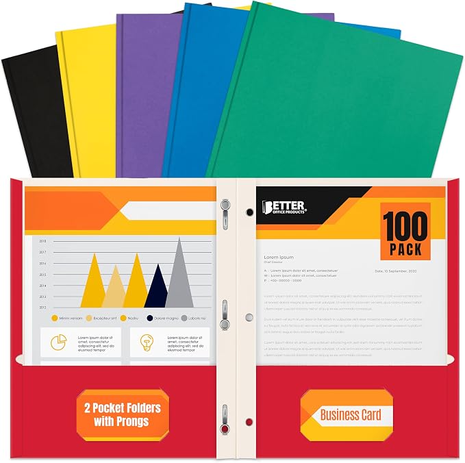 Letter Size Paper Portfolios by Better Office Products, Case of 100, Assorted Primary Colors, with Fasteners (Contemporary, 2 Pocket Paper Folders with Fasteners) by BetterOfficeProducts