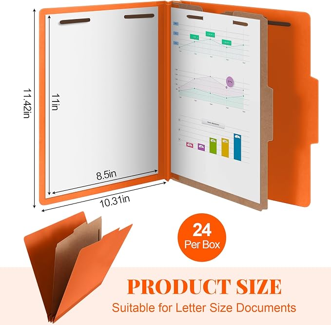 Skyygemm 24 Pcs Classification Folder Letter Size, 1 Divider,Orange | Back to School Supplies, File Organizer with Fastener, Expanding File Organizer Bulk for Office Employee, Staff, Teacher - Image 2
