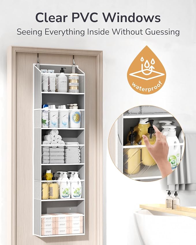ULG Clear Over The Door Organizer 5-Tier Hanging Storage with 4 Side Pockets,Back of Door Organizer for Pantry, Bathroom, Nursery, Light Grey - Image 4