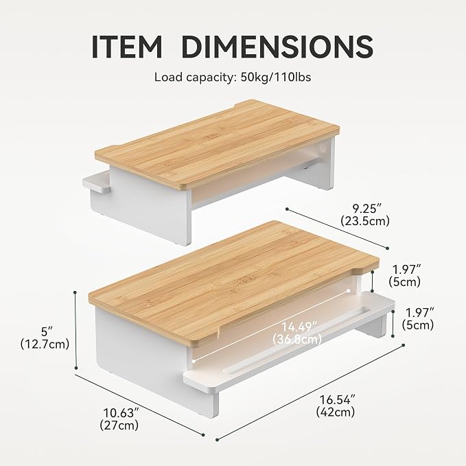 16.5” Bamboo Monitor Stand with Phone & Tablet Holder Desk Shelf | Monitor Riser for 36-48 Inch Desk Cozy Computer Setup Workplace Organizer Keyboard Storage Ergonomic White & Natural Bamboo - Image 5