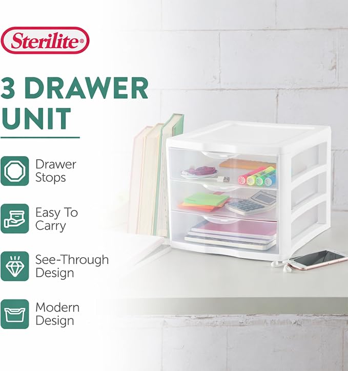 Sterilite Clearview 3-Drawer Cart Small Plastic Storage Organizer, 12-Pack | White - Organizing Drawers, Containers for Bathroom, Closet, Kitchen, and Bedroom - Image 4
