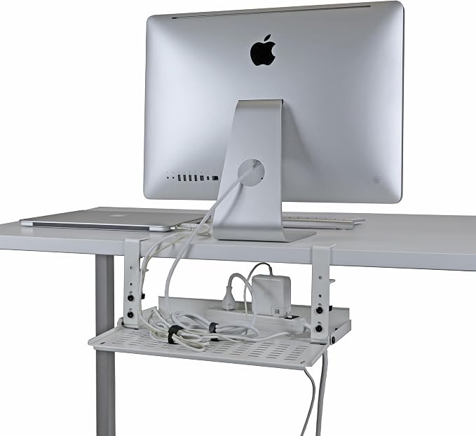 AEONS Universal Under Desk Cable Management Tray-Clamp Mount Hinged Swing Modesty Panel Organizer for Office Desks Easy Access Flip-Down position Power Strip Cord Storage No-Drill 25 lb Capacity White - Image 8