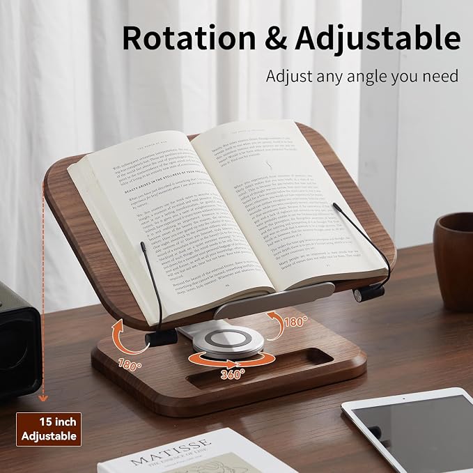 Book Stand for Reading, Mayhas Adjustable Book Holder with 360° Swivel Base&Page Clips, Foldable Desktop Stand for Cookbook, Fits All Books (Walnut, Wood Base) - Image 4