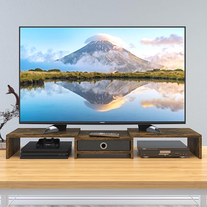 WESTREE Dual Monitor Stand Riser with Drawer, 3 Shelf Computer Monitor Riser with Adjustable Length and Angle, Desktop Monitor Stand Riser Storage Organizer for 2 Monitors - Image 6