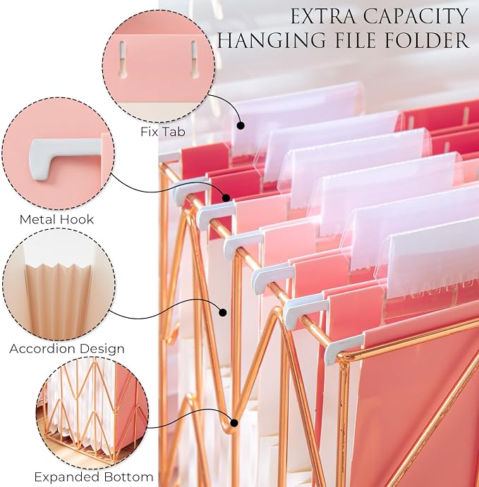 Y YOMA Letter Size - 6 Pack Extra Capacity Hanging File Folders Accordion Decorative Reinforced File Folder Cute Colored Expandable Folder for Office Home with 1/5-Cut Adjustable Tabs, Cute Pink - Image 4