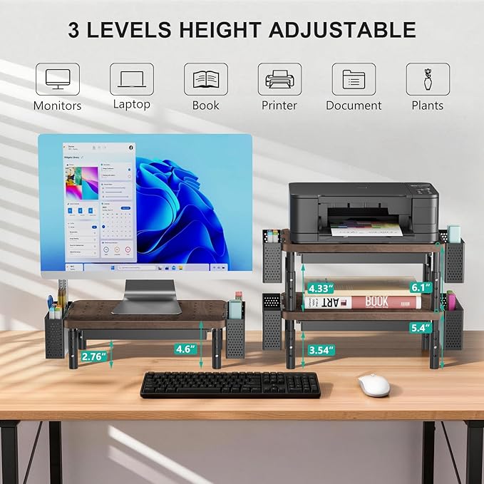 WALI Plastic Computer Monitor Stand with Storage, Desk Organizer with Drawer and Pen Holder, Desk Monitor Riser 3 Height Adjustable, Laptop Riser for Computer, Laptop, Printer(PTT003-C), 1 Pack, Brown - Image 3