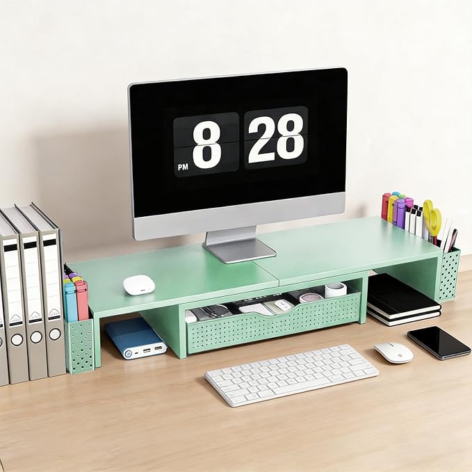 Spacrea Metal Desk Organizers and Accessories, Dual Monitor Stand Riser with Drawer and 2 Pen Holders, Book Racks, Desk Accessories & Workspace Desktop Organizers for Office Supplies (Sage Green) - Image 2