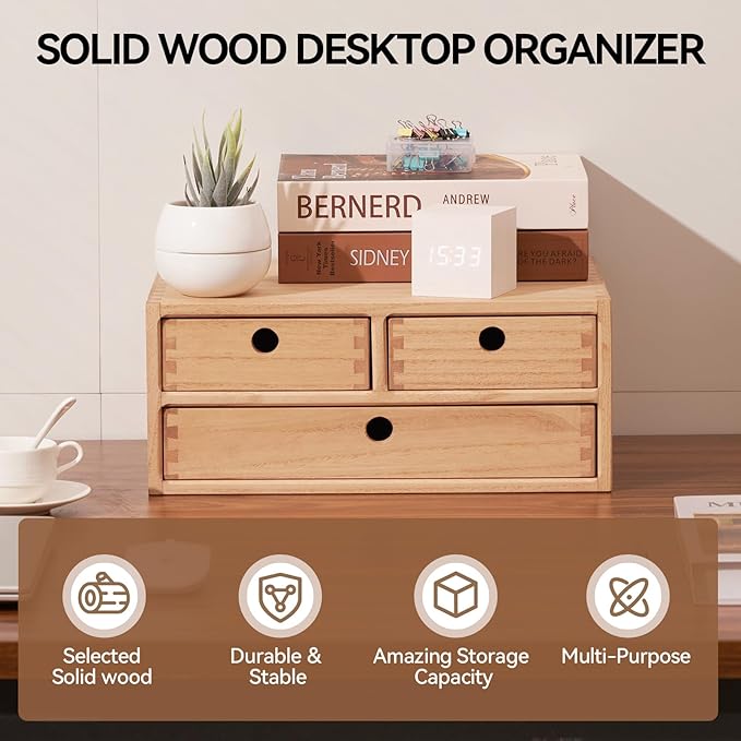 KIRIGEN Wood Desk Organizer with 3 Drawers, Desktop Storage, Natural 23-NA | Wooden Desktop Drawer Hold A4 Papers, Stationery, Jewelry, and Makeup, Fully Assembled for Home Office - Image 3