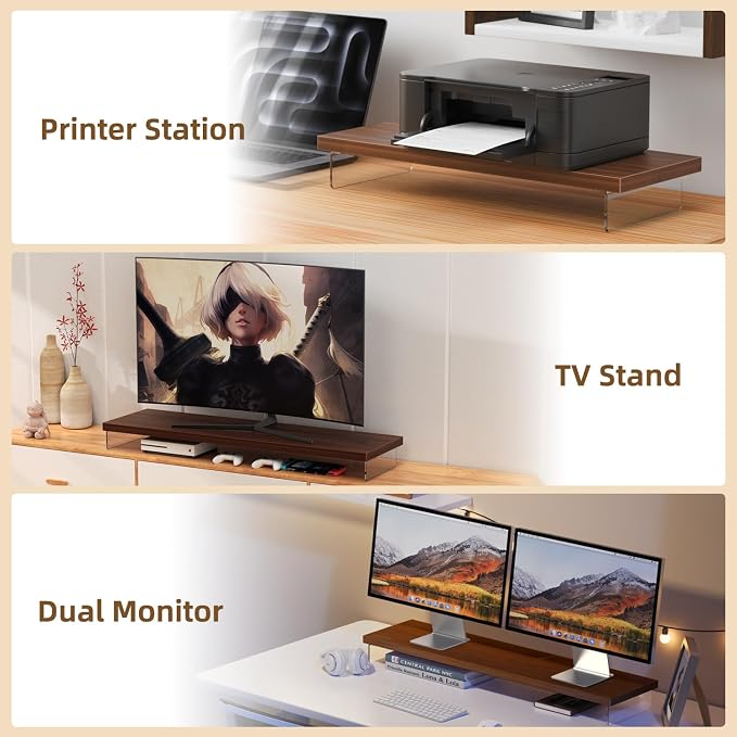 Monitor Stand Riser, 25x10 in Wood & Acrylic Computer Desk Organizer Shelf | Computer Monitor Stand With Wood & Acrylic Design; Works As Laptop Riser, Printer Stand, TV Screen Riser And Desk Organizer. - Image 7