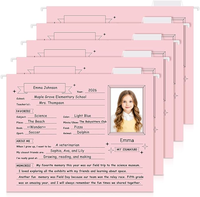 Glenmal 25 Pack School Years Memory File Folders Memory Pages Letter Hanging Files School Keepsake Organizer Questionnaire for Kids K-12 Student Info Record Personal Growth Tracking(Pink) by Glenmal