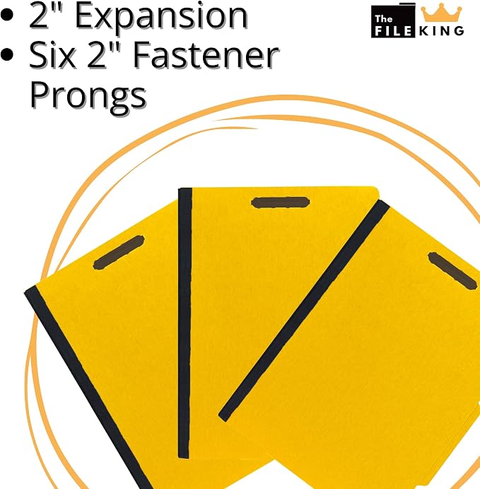 The File King Two Divider Pressboard Classification Yellow File Folder - Letter Size | Box of 10 | 2/5 ROC Top Tab | 2” Expansion | Six 2-Inch Fastener Prongs | Made in America - Image 4