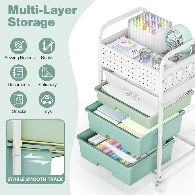 4 Drawer Rolling Storage Cart with Pegboard Top and Hooks, Gradient Green | Mobile Organizer Cart with Wheels for Office Supplies, Craft Storage, Classroom Organization, Home Utility Cart - Image 3
