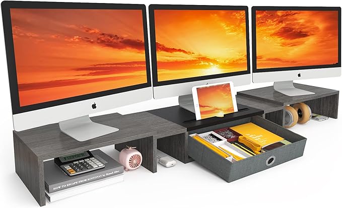 WESTREE Triple Dual Monitor Stand Riser with Drawer,Extra Large Adjustable for 2~3 Monitors,Solt for Phone & Tablet, Desktop Organizer Stand for Computer,Laptop,Printer,TV by WESTREE