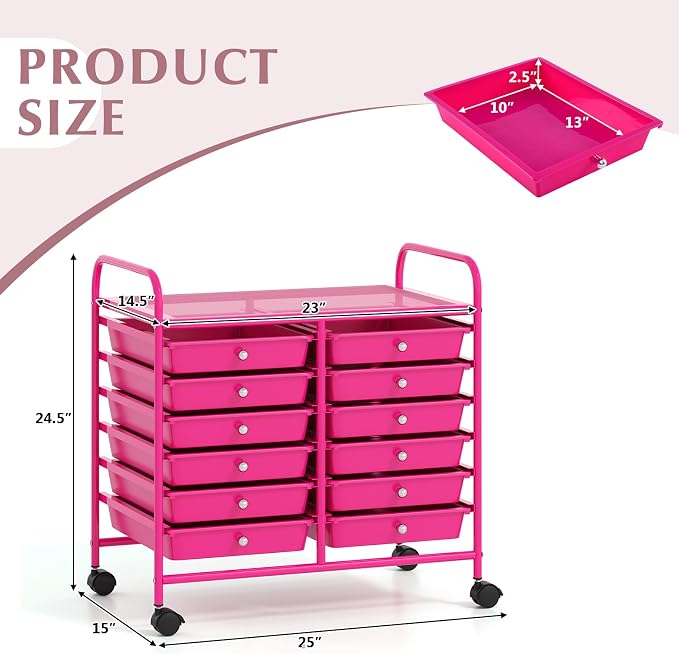GOFLAME 12-Drawer Rolling Storage Cart, Multifunctional Art Craft Organizer Cart, Mobile Utility Storage Cart with Removable Drawers & Lockable Wheels, Craft Cart for Home Office School, Hot Pink - Image 3