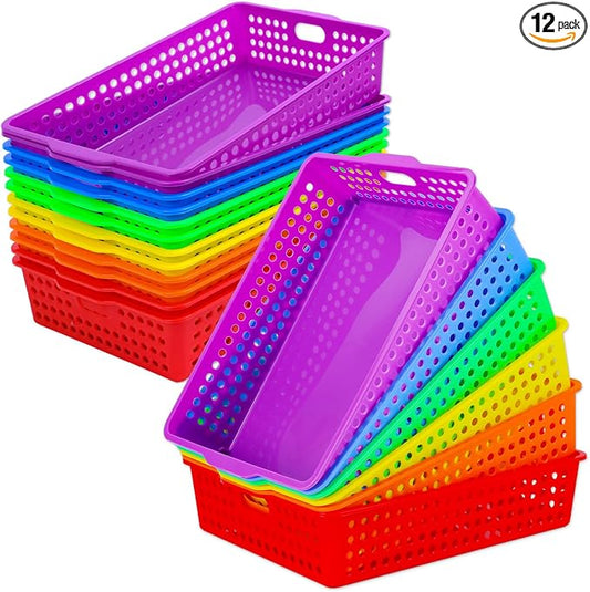 12 Pcs Plastic Classroom Storage Baskets Bulk 14 x 10 In Turn in Paper Tray for Classroom A4 Size Colorful Storage Organizer Bin with Handles Stackable Container for Playroom Home Office School Supply by UZLUbuywithconfidence