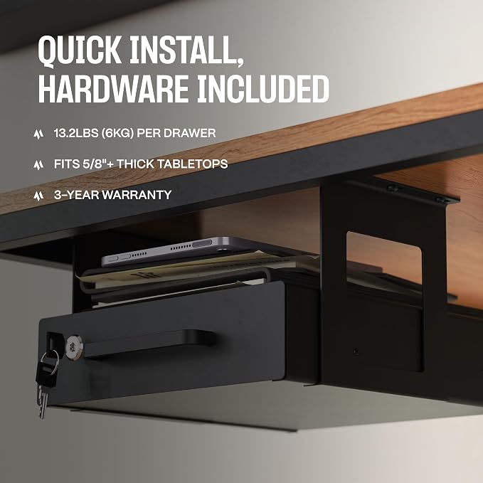 Under Desk Drawer Slide-Out – Lockable Metal Storage Drawer with Cable Management for Office & Home (Single, Bracketed) - Image 5
