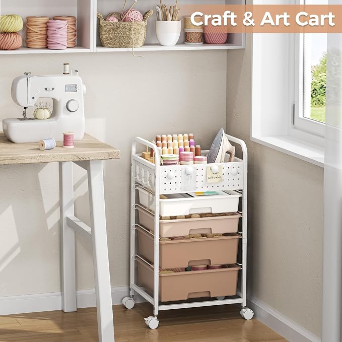 4 Drawer Rolling Storage Cart with Pegboard Top and Hooks, Brown | Mobile Organizer Cart with Wheels for Office Supplies, Craft Storage, Classroom Organization, Home Utility Cart - Image 7