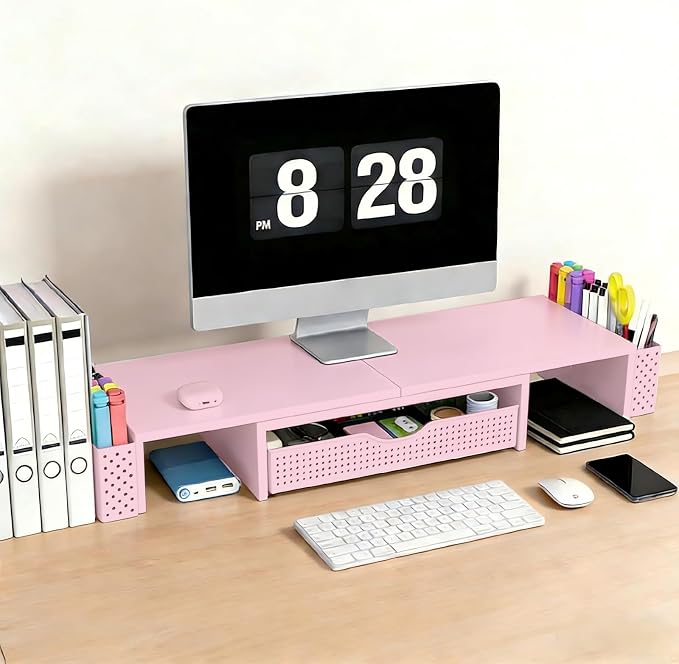 Spacrea Metal Desk Organizers and Accessories, Dual Monitor Stand Riser with Drawer and 2 Pen Holders, Desk Accessories & Workspace Desktop Organizers for Office Supplies (Pink) - Image 2