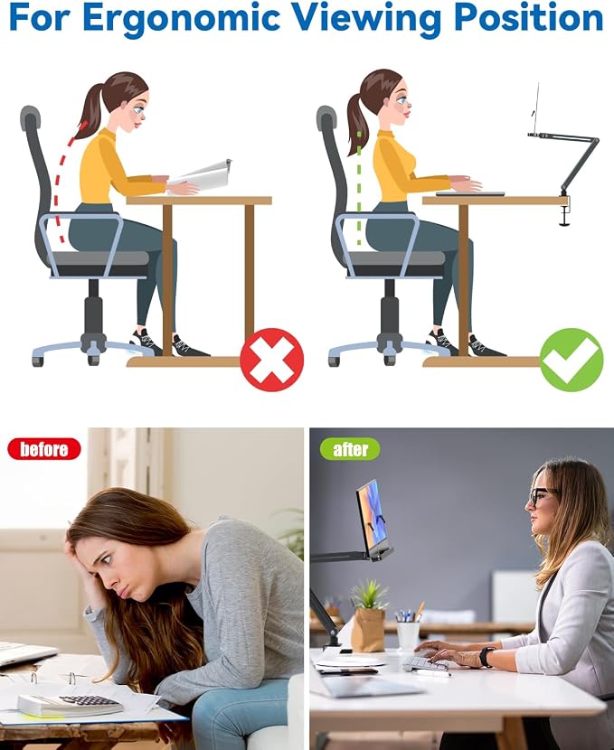 Desk Clamp Acrylic Book Stand for Reading, Ergonomic Design Adjustable Height up to 20 inches with Rotating Bases Cookbook Stand, Suitable for Recipe, Sheet Music, Tablet(Gray) - Image 2