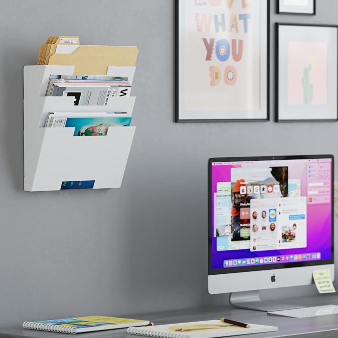 Wallniture Lisbon Wall File Holder Organizer for Office Storage, 3-Tier Mail and Magazine Holder Metal White - Image 2