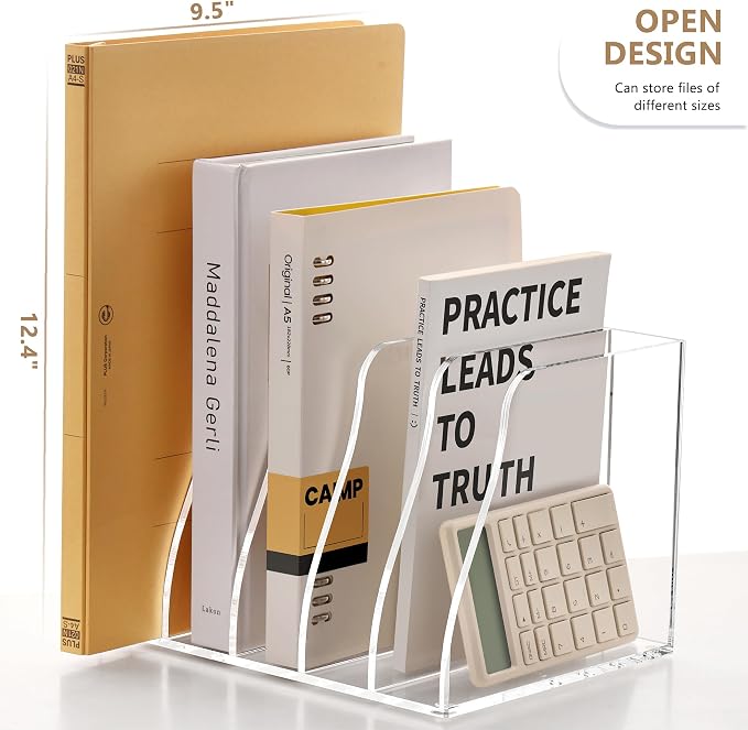 SANRUI Acrylic Magazine File Holder Desk Organizer, Clear 5 Compartments | Workspace Document Sorter, Vertical Folder Rack Binder for Office Home Classroom Tablet, Books & Accessories Storage - Image 3